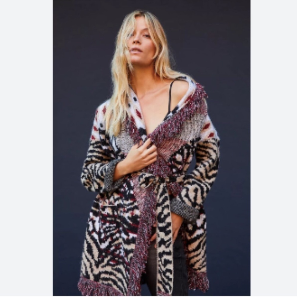 Anthropologie Paloma Fringed Cardigan Animal Print Fringe XL